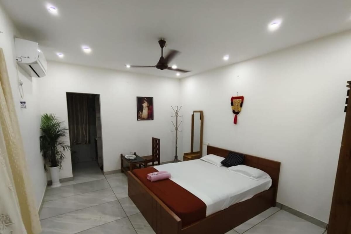 A bedroom with a bed, a ceiling fan, an air conditioning unit, a potted plant, a mirror, and a door leading to another room.