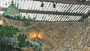 Un muro de piedra, una bañera negra y diversas plantas.