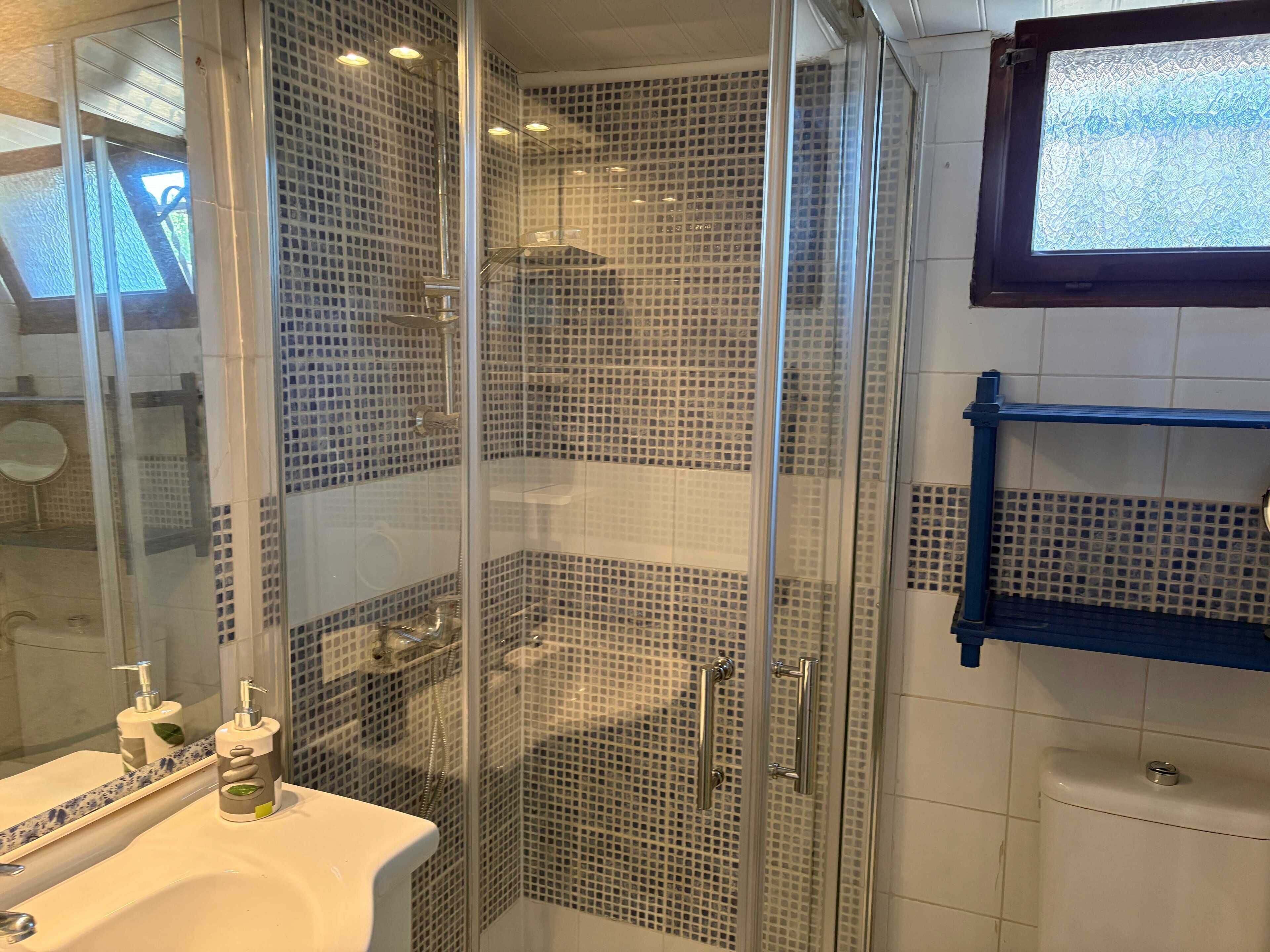 Een douche, handdoeken, zeep, toiletpapier