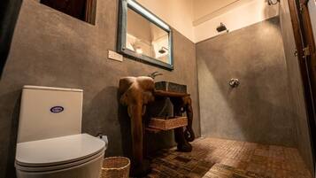 Separate tub and shower, hydromassage showerhead, designer toiletries