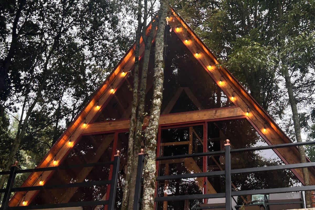 A wooden structure with a triangular roof, surrounded by trees.