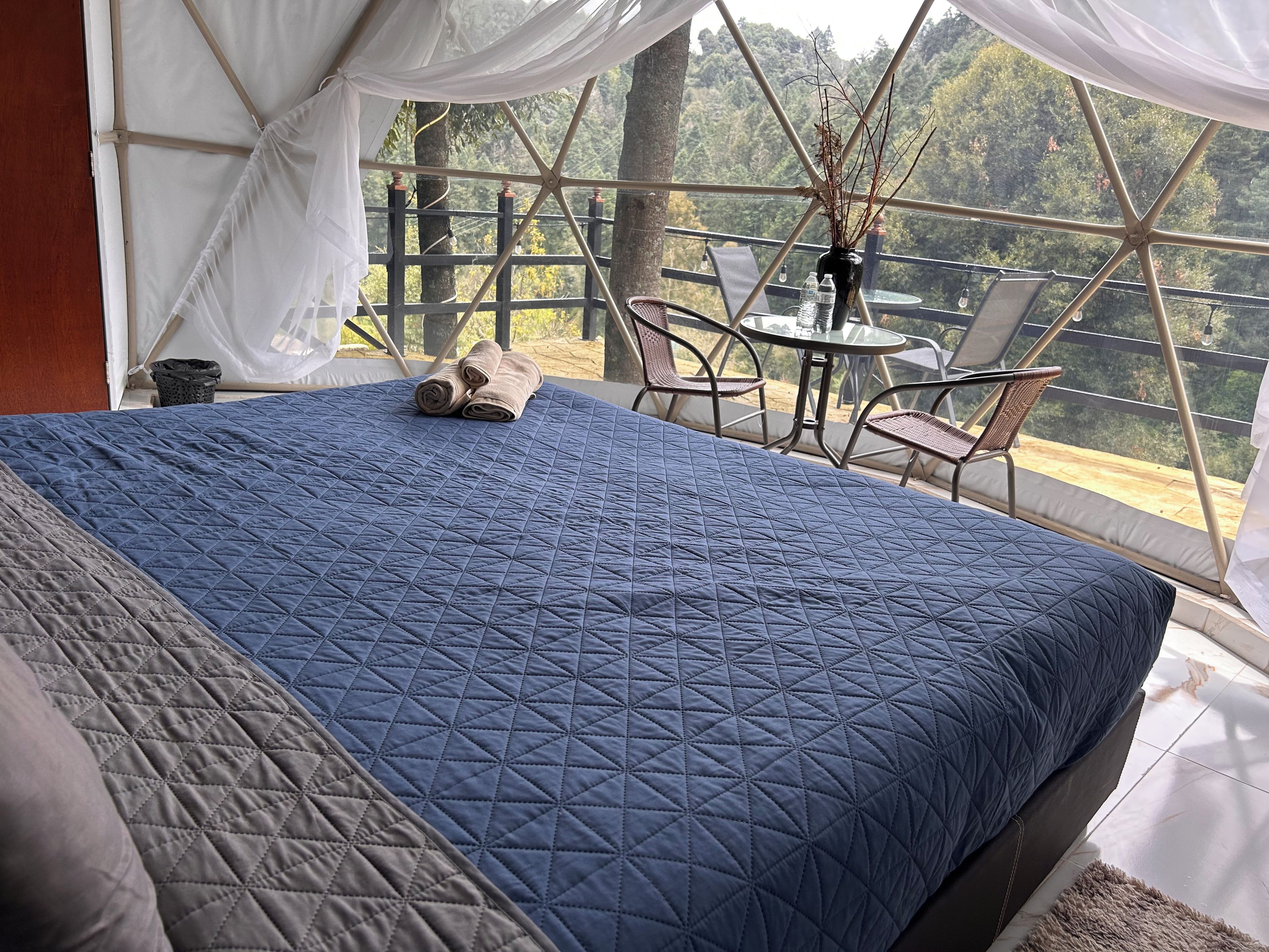 A bed with a blue quilt, a small table with chairs, and a view of trees through a window.