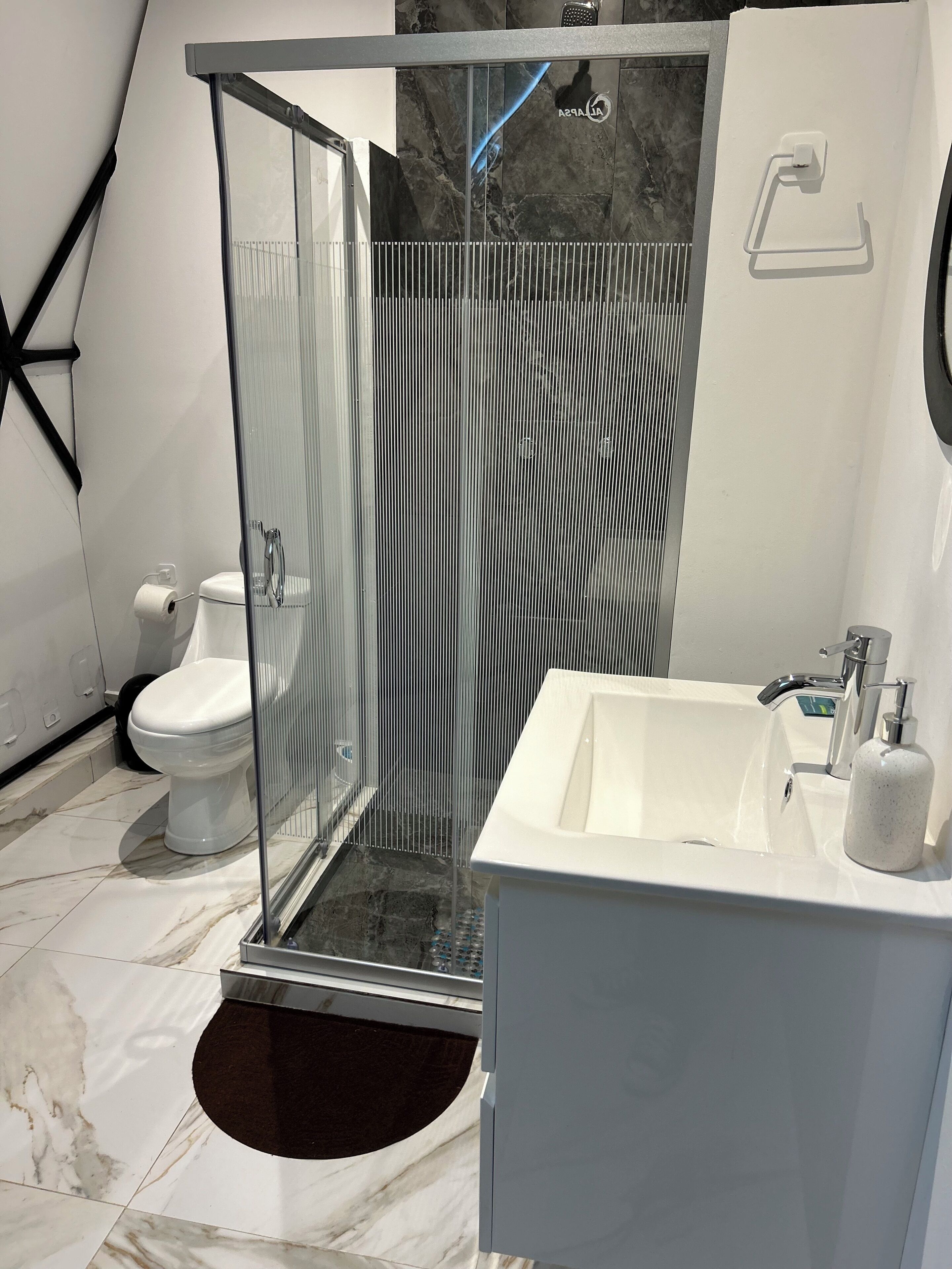 Een moderne badkamer met een douchecabine van glas, een witte wastafel met zeepdispenser en een toilet.