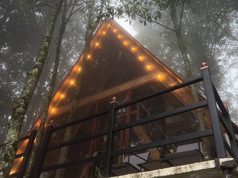 A wooden cabin with a balcony, surrounded by trees and fog.