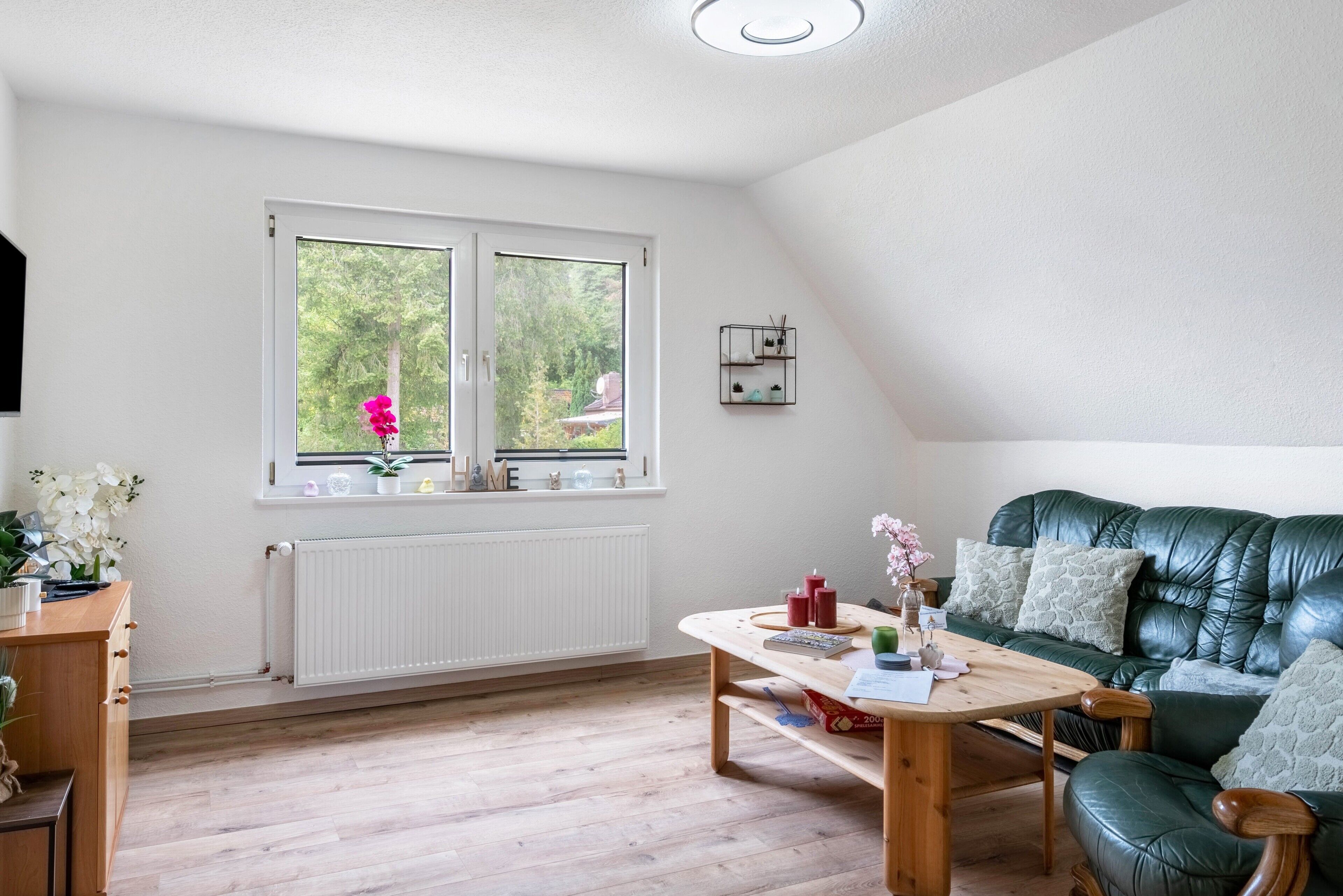 A room with a green leather sofa, a wooden table, a window with a view of greenery, and a white radiator.