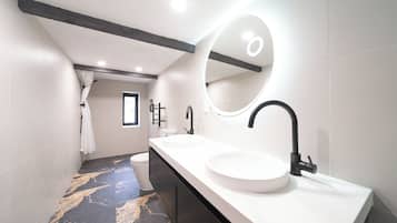 Hair dryer, bidet, towels, soap