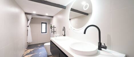 Hair dryer, bidet, towels, soap