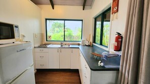 Ett kompakt kök med mikrovågsugn, diskho och ett fönster med utsikt över grönområden.