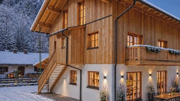 A wooden chalet with a balcony, a staircase, and a snow-covered landscape. - Apartment 50sqm, balcony, kitchen, living room, bedroom, max. 2 pers. (Ruhpolding)