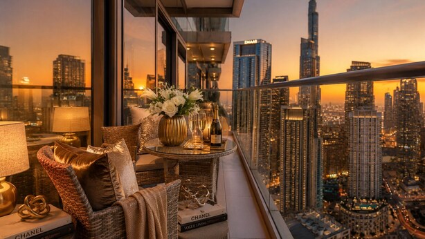 A balcony with a view of the city skyline, including the Burj Khalifa, furnished with a sofa, a table with a vase of flowers, and a bottle of champagne. - Paramount Luxury 2BR-Burj Khalifa Views (Dubai)