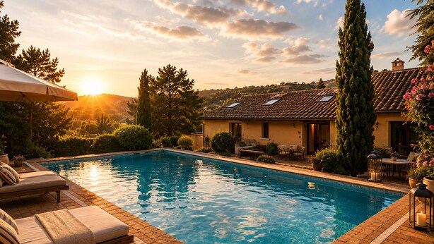 A swimming pool with lounge chairs, a patio area, and a building with a tiled roof.