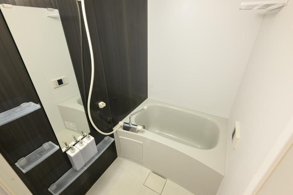 Separate tub and shower, hair dryer, slippers, towels