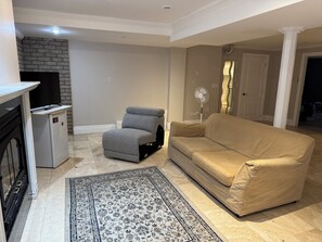 TV, fireplace, books