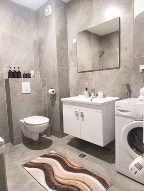 Secadora de cabello, toallas, jabón, papel de baño 