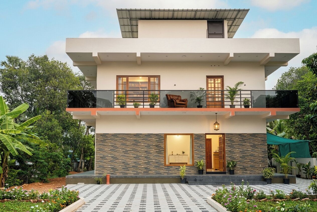 A two-story house with a balcony, a visible window, and a door.