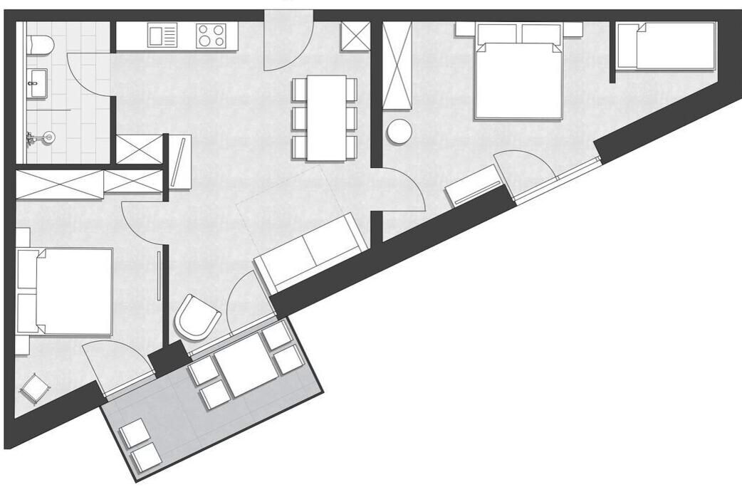 Een plattegrond van een hotelkamer, met een bed, een bureau, een stoel, een bijzettafeltje en een badkamer.