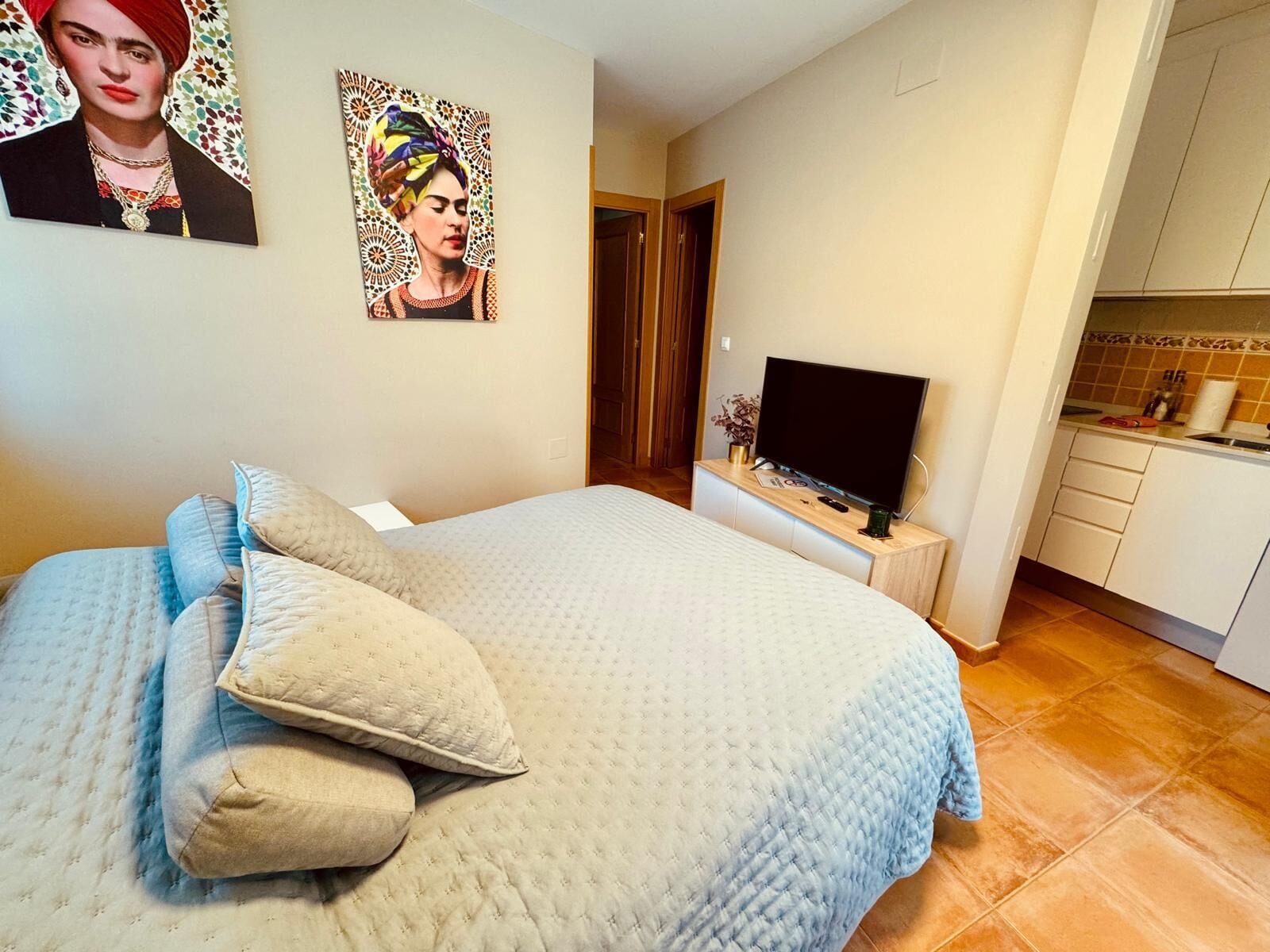 Un dormitori amb un llit, almoines, una televisió, un quadre i una zona de cuina.