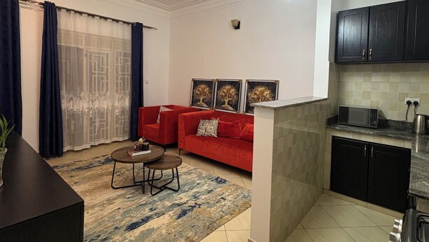 Ein modernes Wohnzimmer mit einem roten Sofa, einem Couchtisch und einer Küchenzeile inklusive Schränke und Mikrowelle.