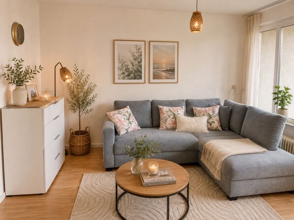 Ein modernes Wohnzimmer mit einem grauen Ecksofa, einem weißen Schrank, einem runden Couchtisch und zwei gerahmten Bildern an der Wand.