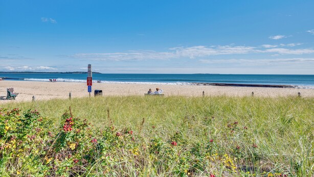 Ein Strand mit einer grasbewachsenen Vordergrund, einem Sandstrand und einem klaren, blauen Himmel.