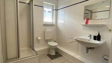 A bathroom with a shower, toilet, sink, and a mirror.