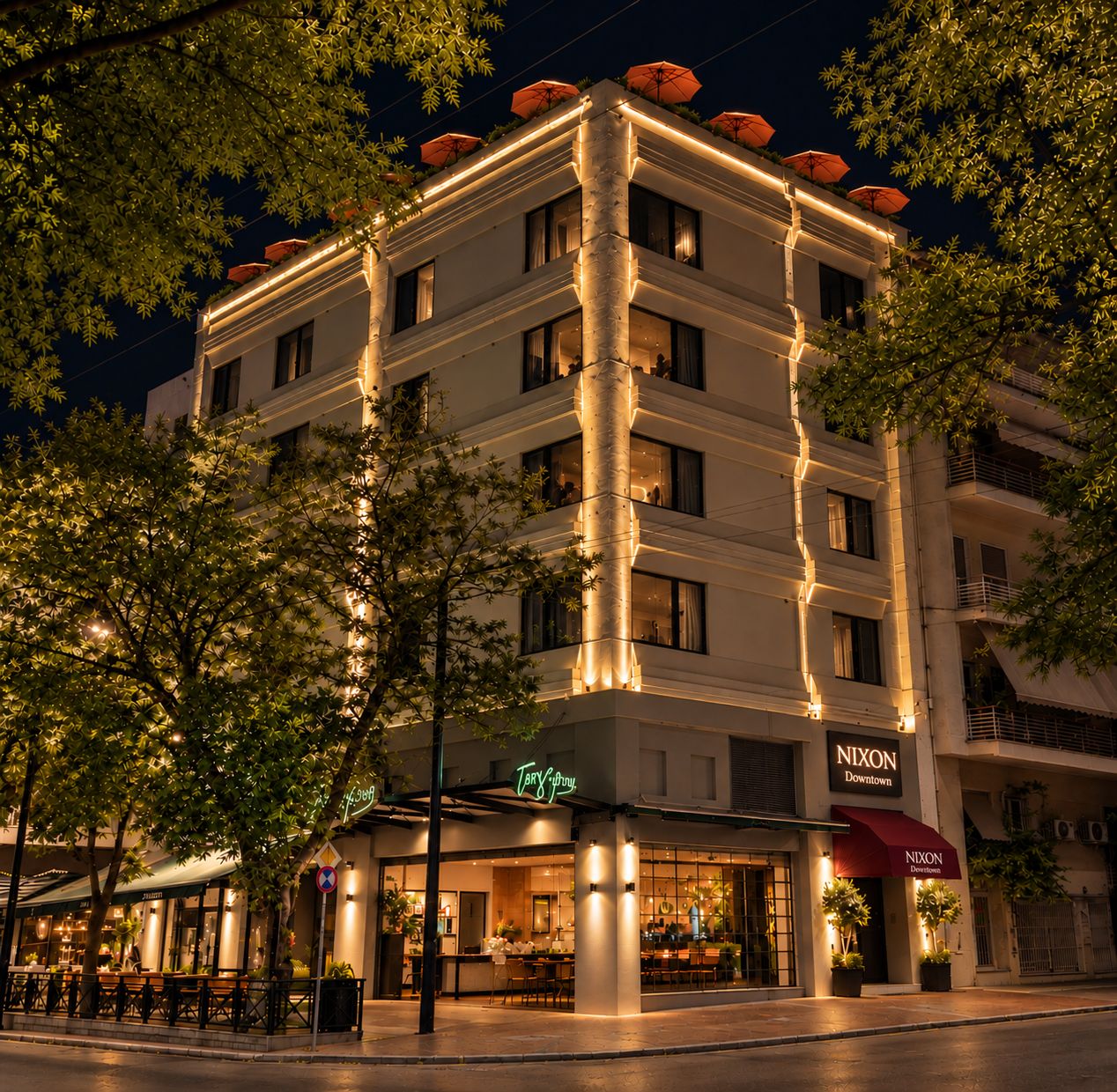 A multi-story hotel with illuminated columns, outdoor seating, and a visible restaurant named 'NIXON Downtown'.