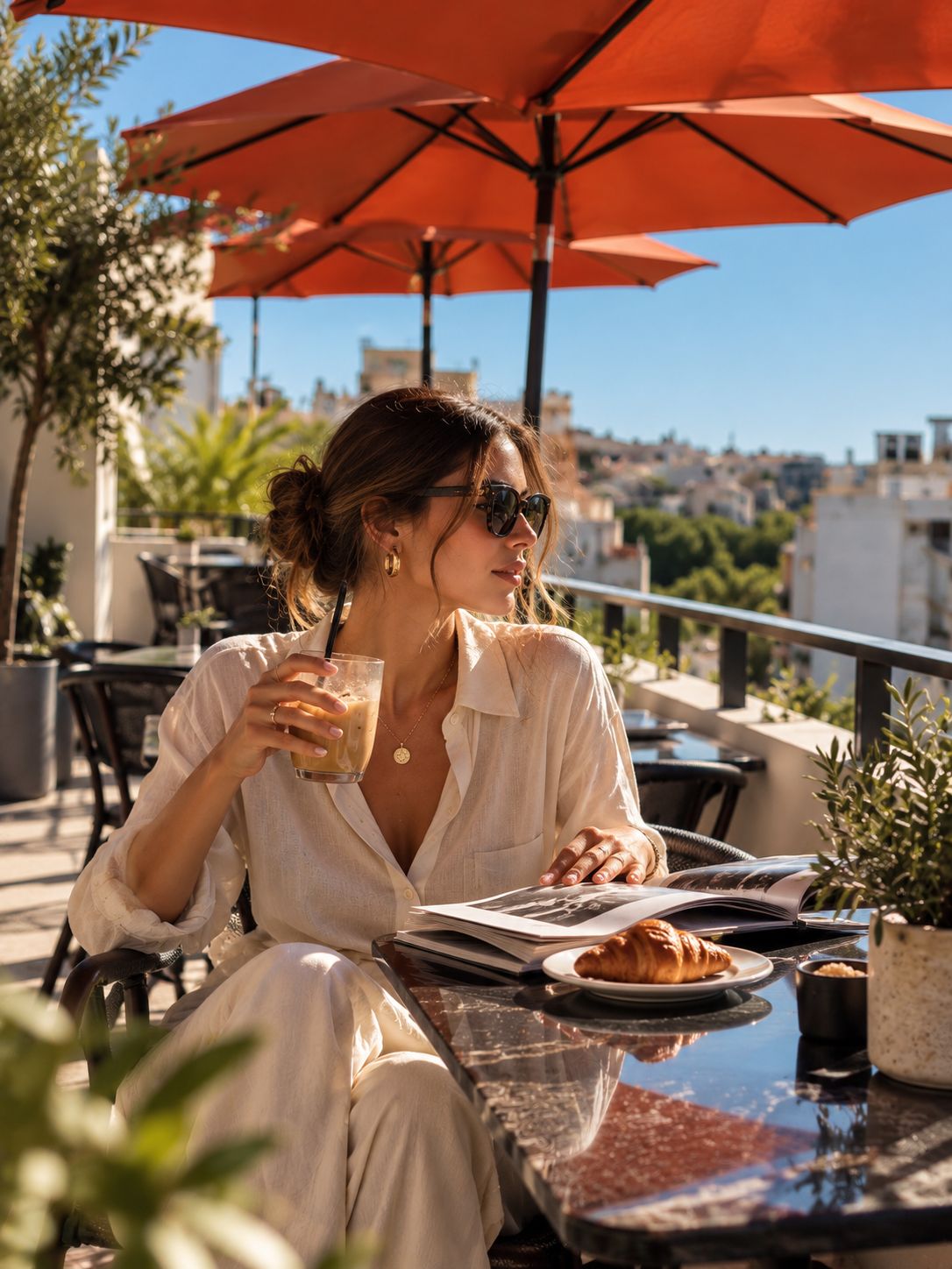 A person seated at an outdoor table with a drink, a plate with food, and an open book.