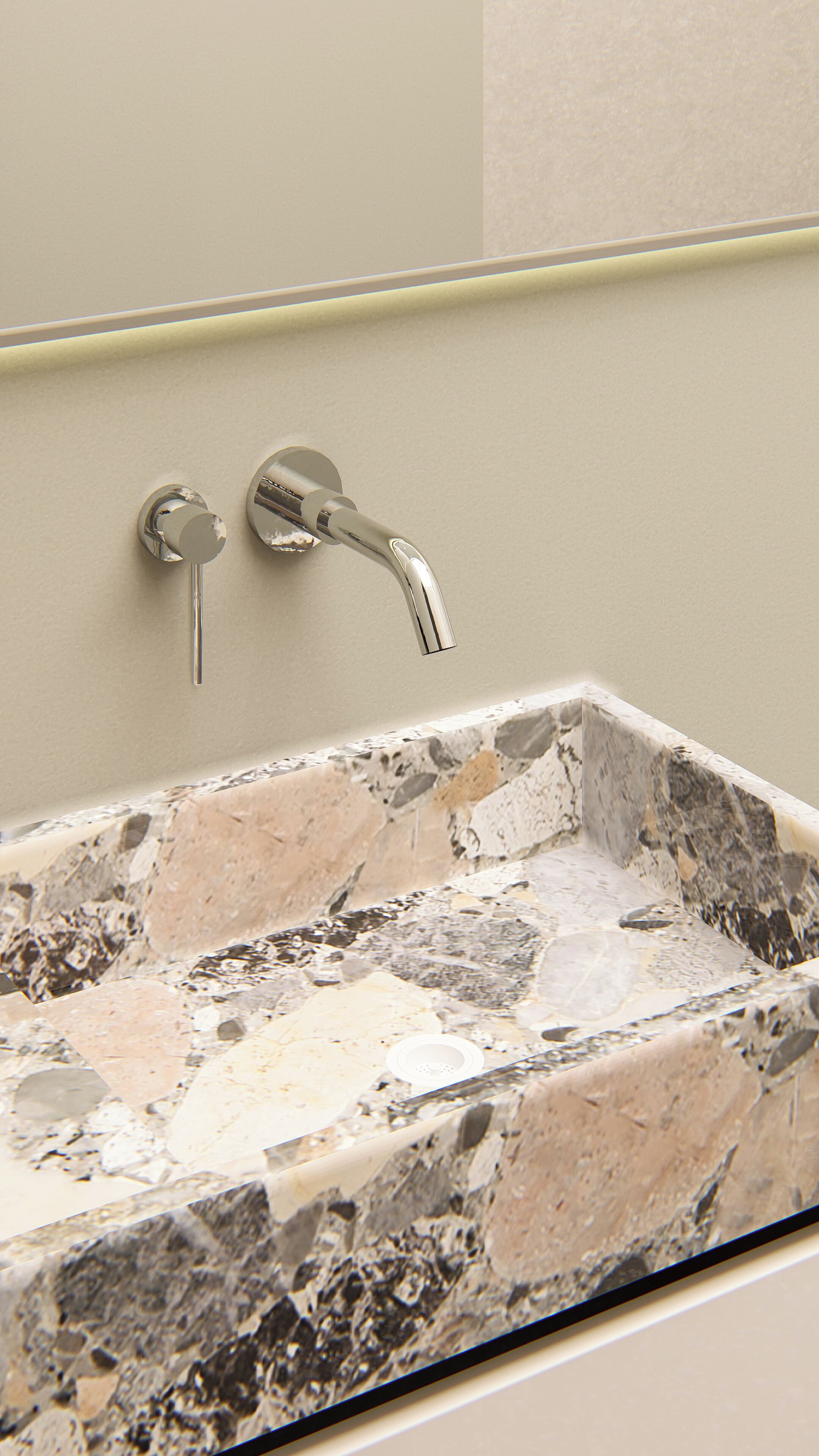 Un baño con un lavamanos rectangular, un grifo de pared y una encimera de mármol.
