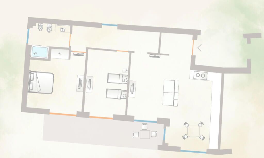 Plattegrond van de eerste verdieping van Villa Caterina Smeraldo, met een keuken, een eetruimte en een woonkamer met open haard.