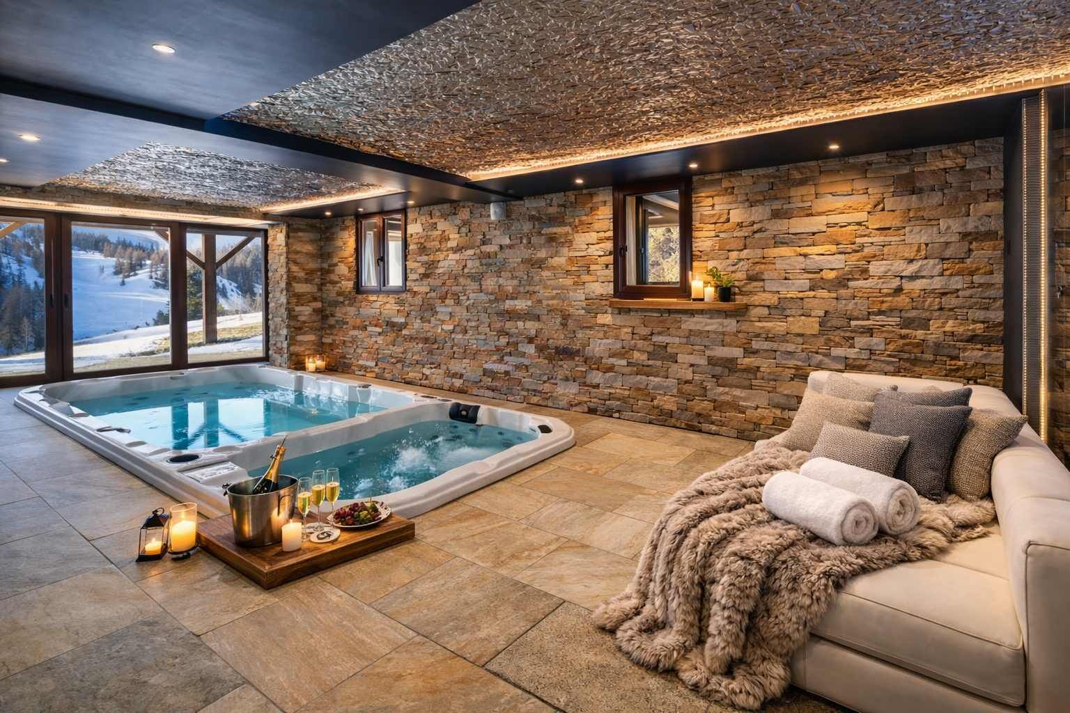 Ein Wellnessbereich mit Whirlpool, Steinwänden, einer Couch mit Felldecke und Blick auf eine verschneite Landschaft.