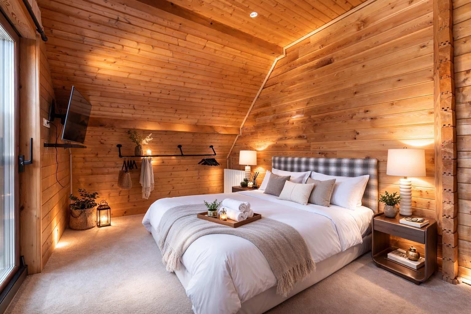Un dormitorio con paneles de madera, una cama grande, lámparas de noche y un televisor montado.