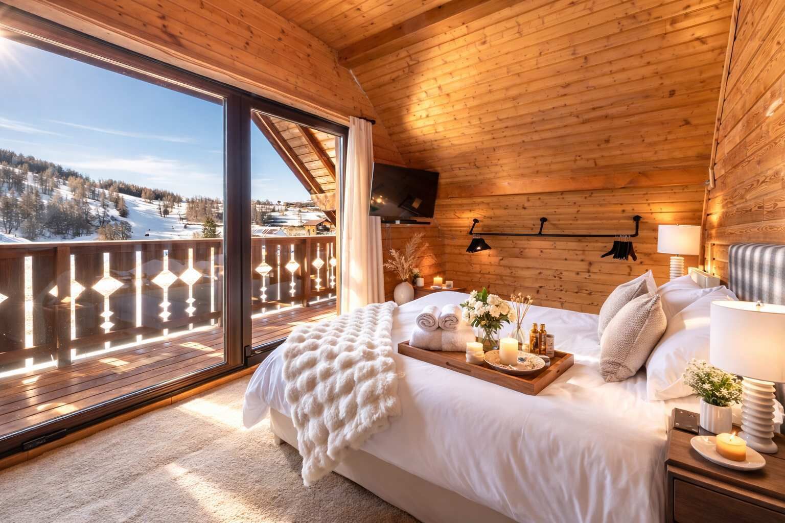 Un dormitorio de cabaña de madera con un ventanal grande, una cama con un atril de artículos de aseo y un televisor montado en la pared.