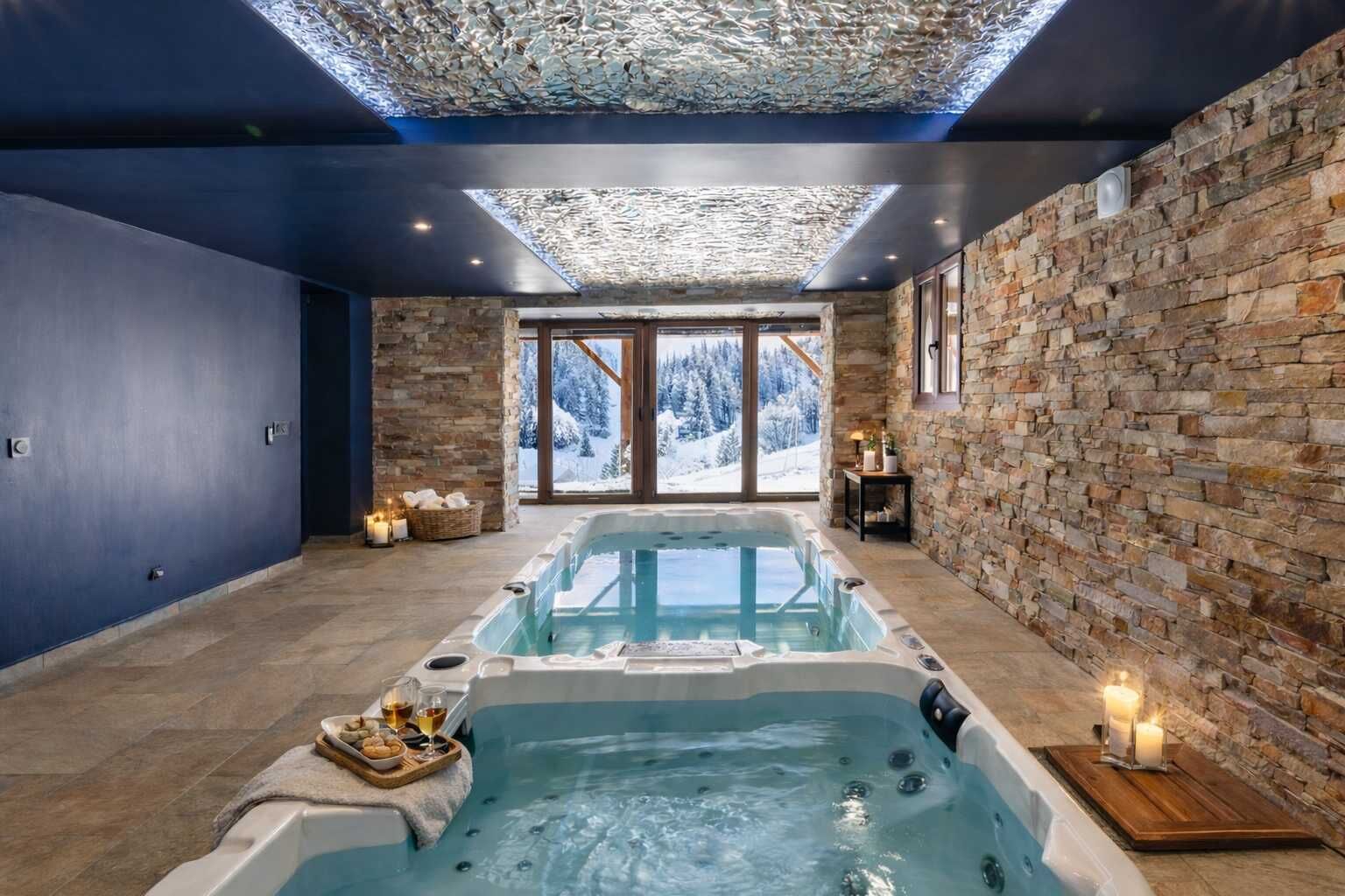 Un cuarto de spa con jacuzzi, paredes de piedra y vistas a montañas nevadas.