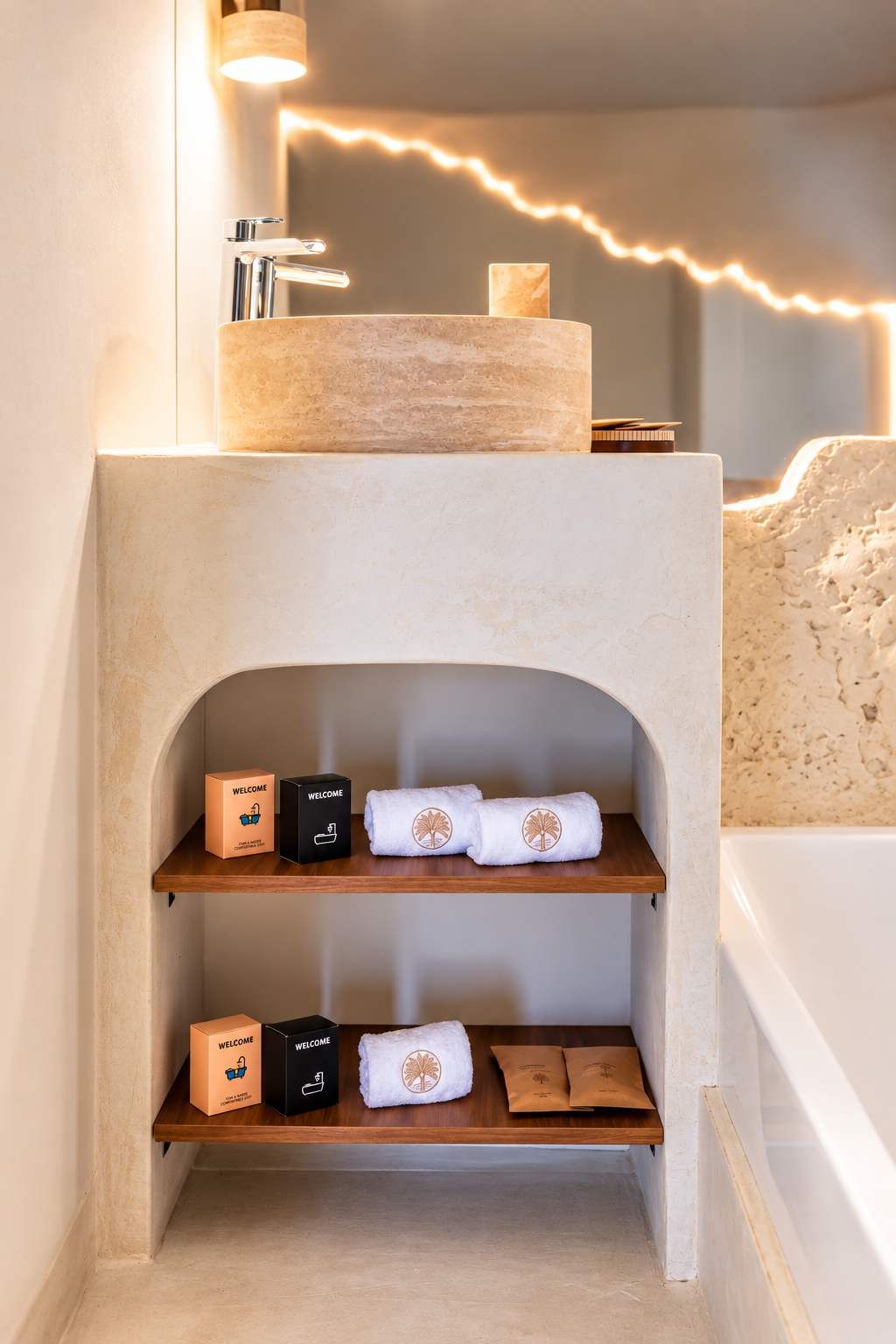 A bathroom with a built-in sink, shelves with towels and welcome boxes, and a wall-mounted light fixture.
