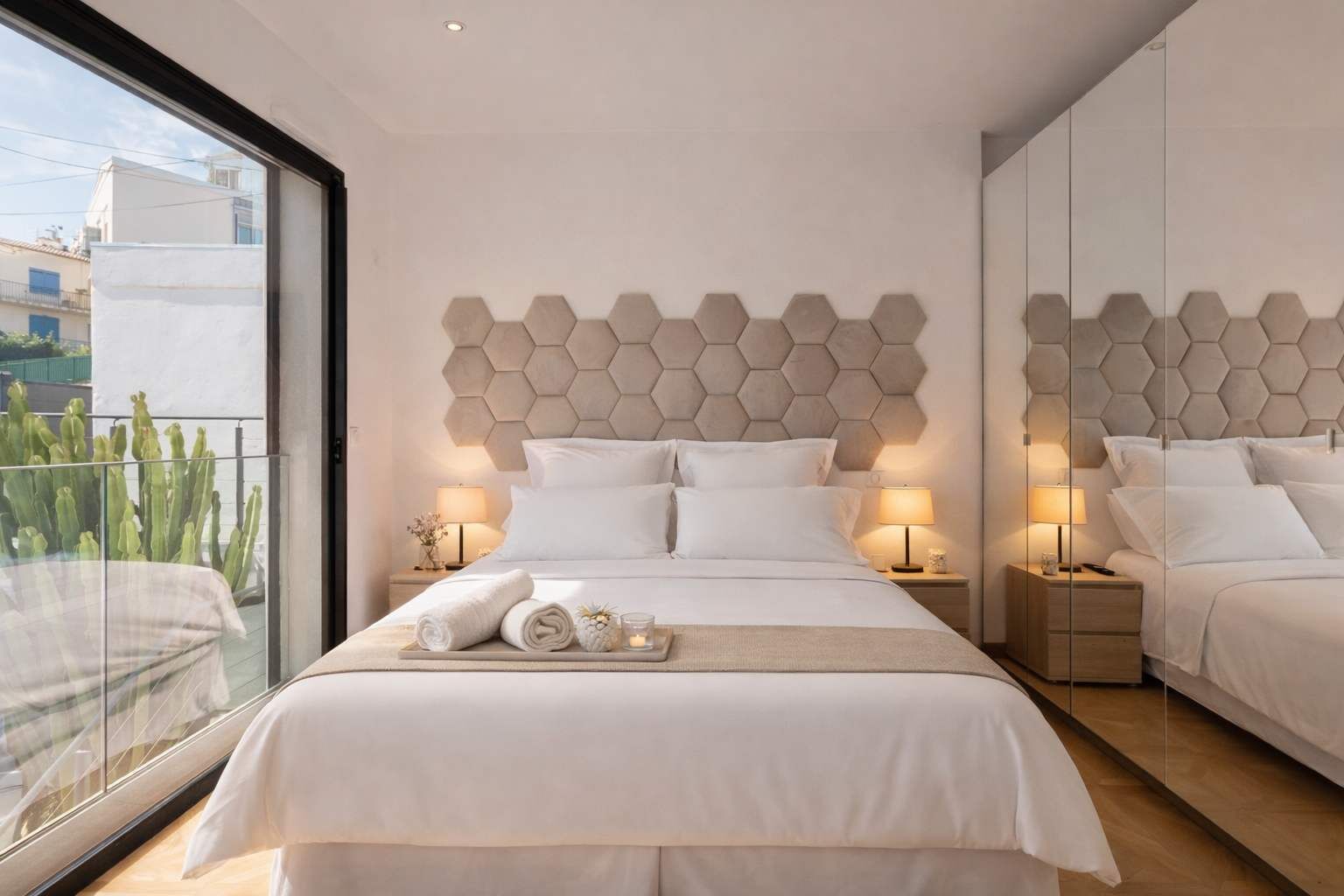 Une chambre d’hôtel moderne dotée d’un grand lit, de deux tables de chevet avec lampes, d’une vue sur la ville et d’un décor mural hexagonal original.