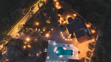 Seasonal outdoor pool, pool umbrellas, pool loungers