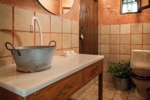 A bathroom with a sink, mirror, wooden cabinet, toilet, and a potted plant.