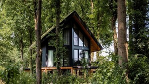 Una moderna baita immersa in una foresta, con ampie finestre e un terrazzo in legno.