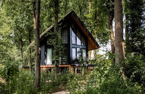 Eine moderne Holzhütte mitten im Wald, mit großen Fenstern und einer Holzterrasse.