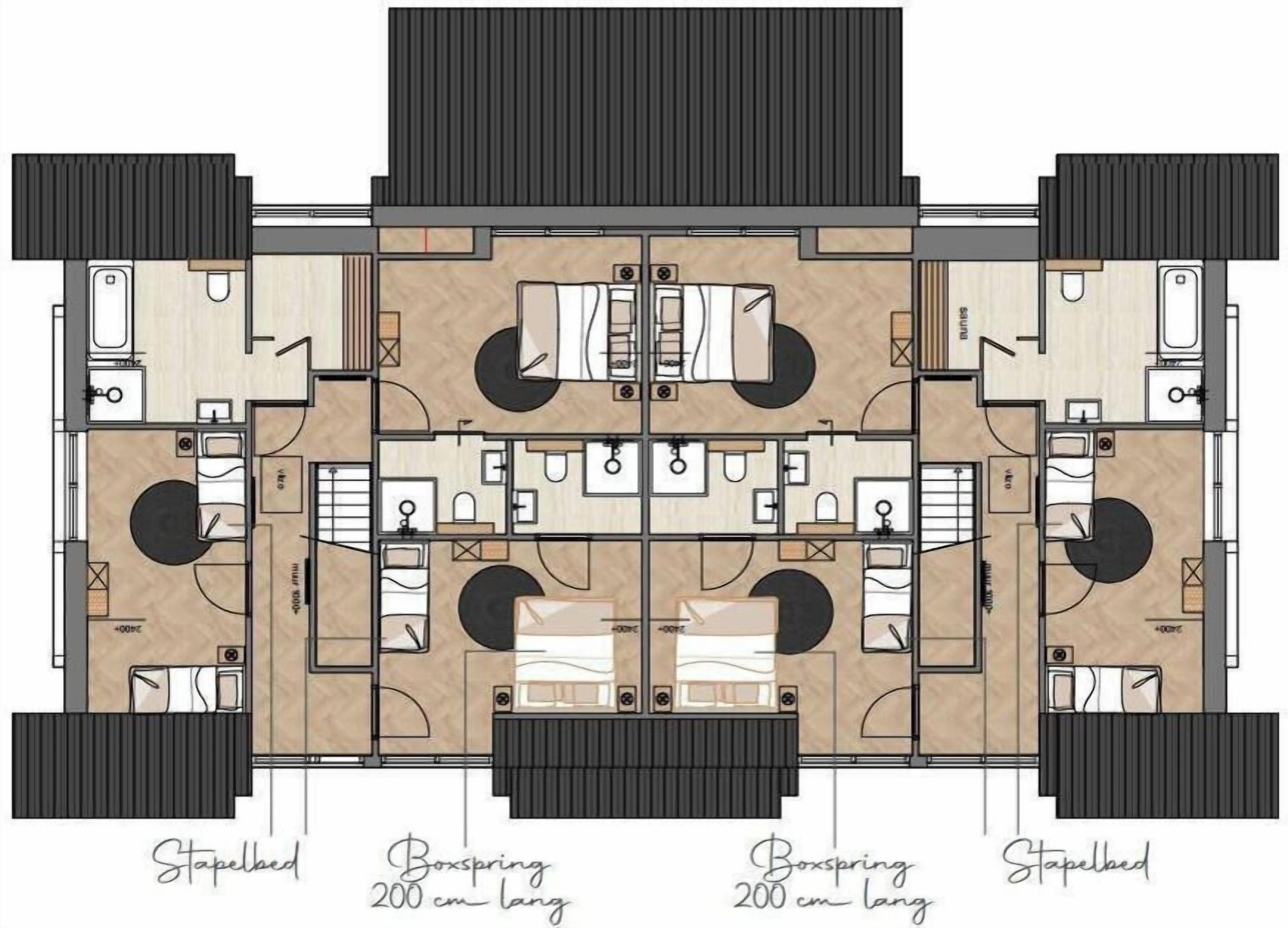 Ein Grundriss eines Hotels mit zwei Schlafzimmern, zwei Badezimmern, einem Wohnbereich und einem Essbereich.