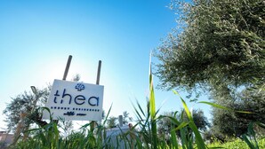 A sign with the word 'thea' partially visible, surrounded by greenery and trees. - Thea Luxury Residences (Zacharo)