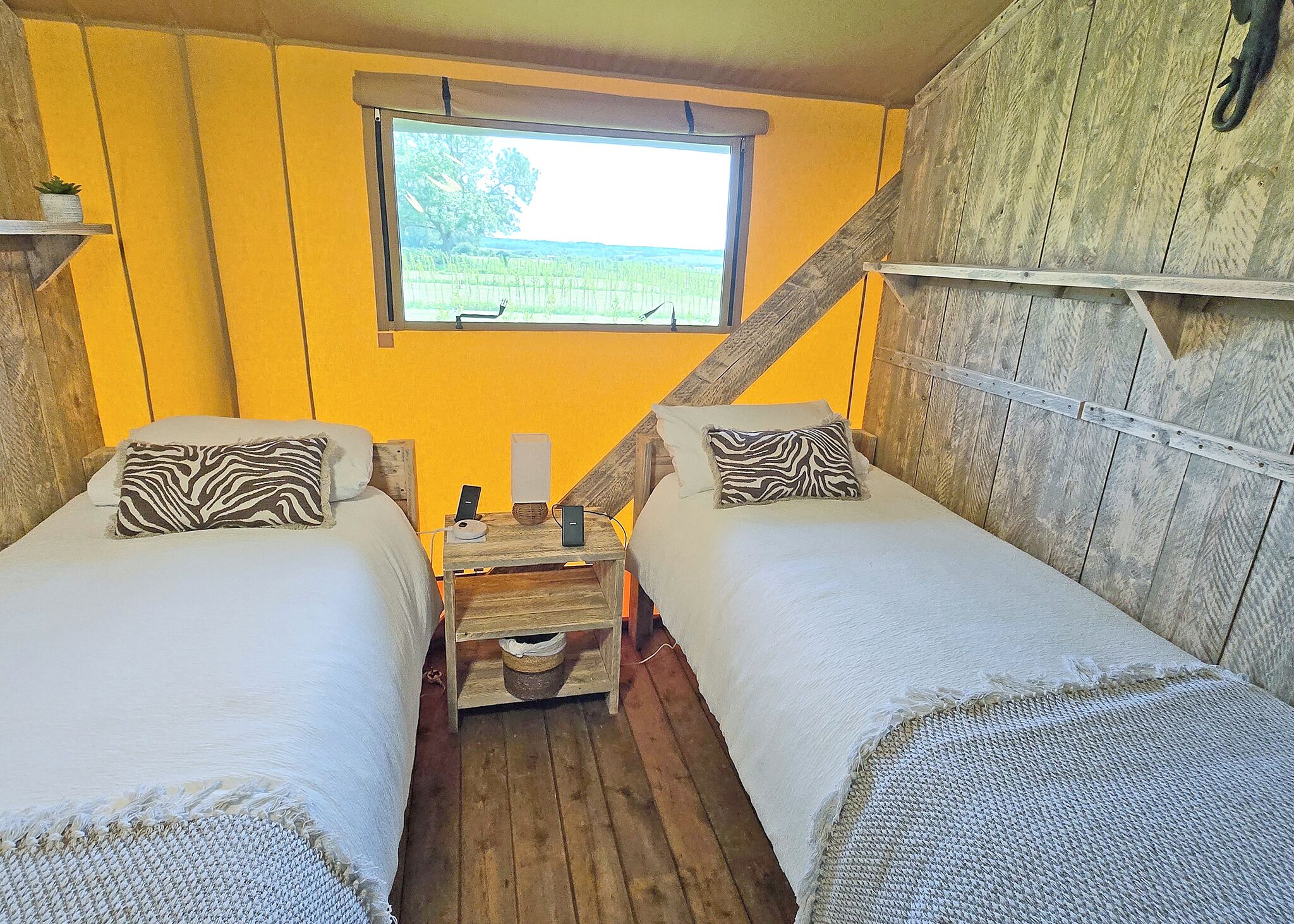 A room with two beds, a window, a wooden ladder, and a small table with a plant.