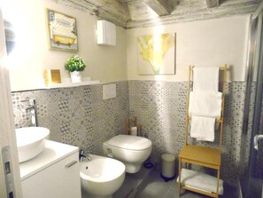 Chuveiro, secador de cabelo, toalhas de banho 