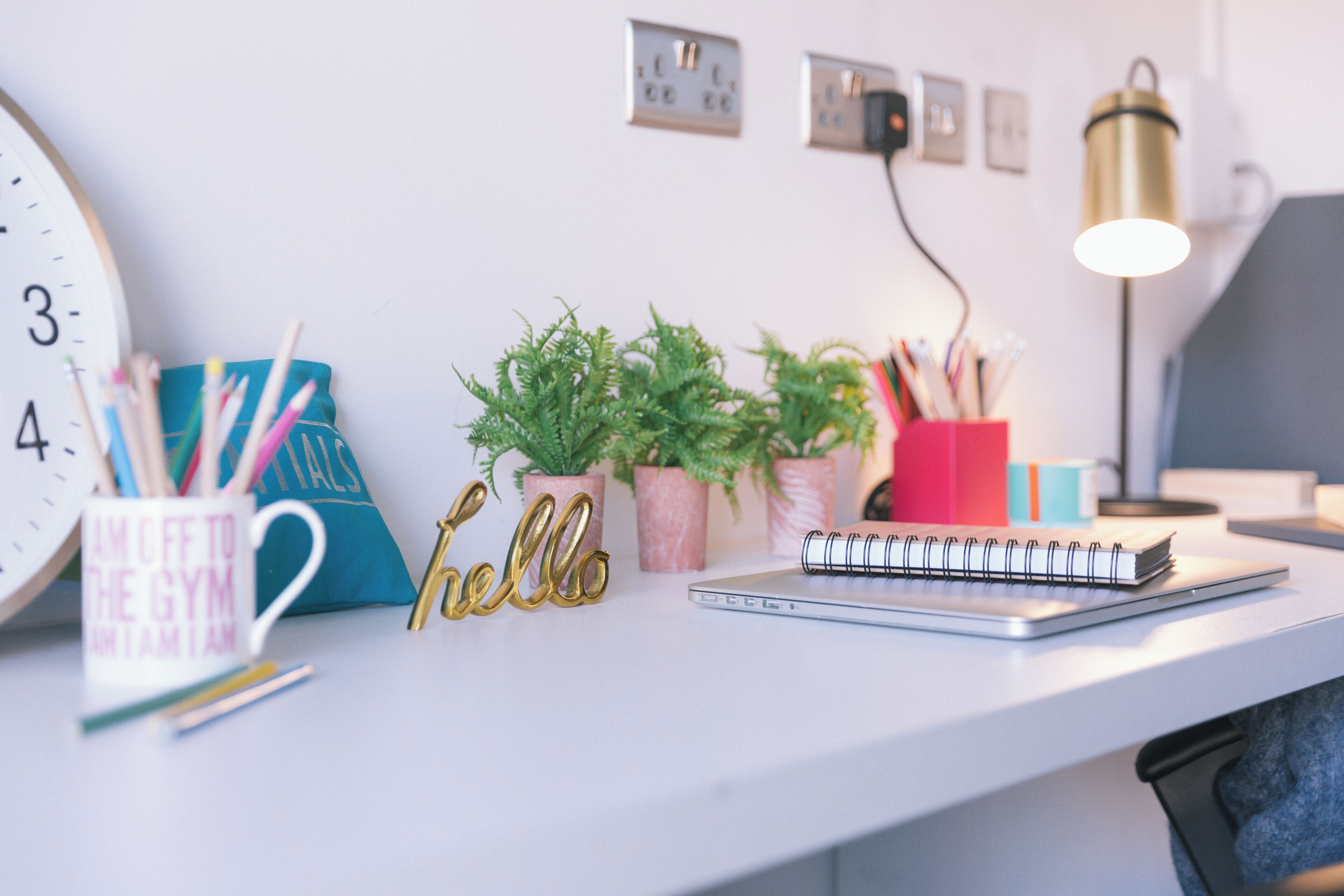 A desk with a clock, a notebook, a lamp, and potted plants.