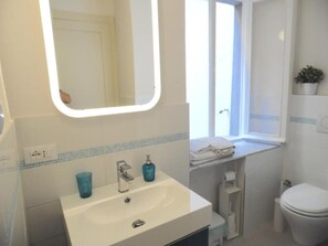 A bathroom with a white sink, a mirror, a window, a toilet, and a small plant on the wall. - Paganini Apartment Lucca (Lucca)