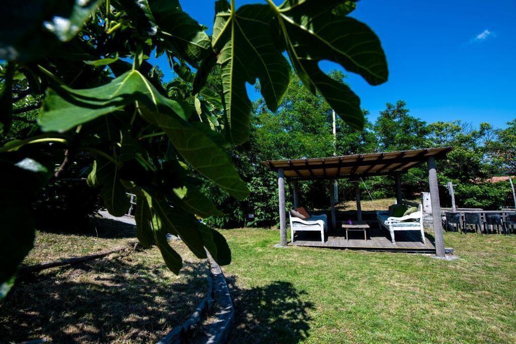 Ein überdachter Sitzbereich im Freien mit zwei weißen Lounge-Stühlen und einem Tisch, umgeben von Grünpflanzen und Bäumen.
