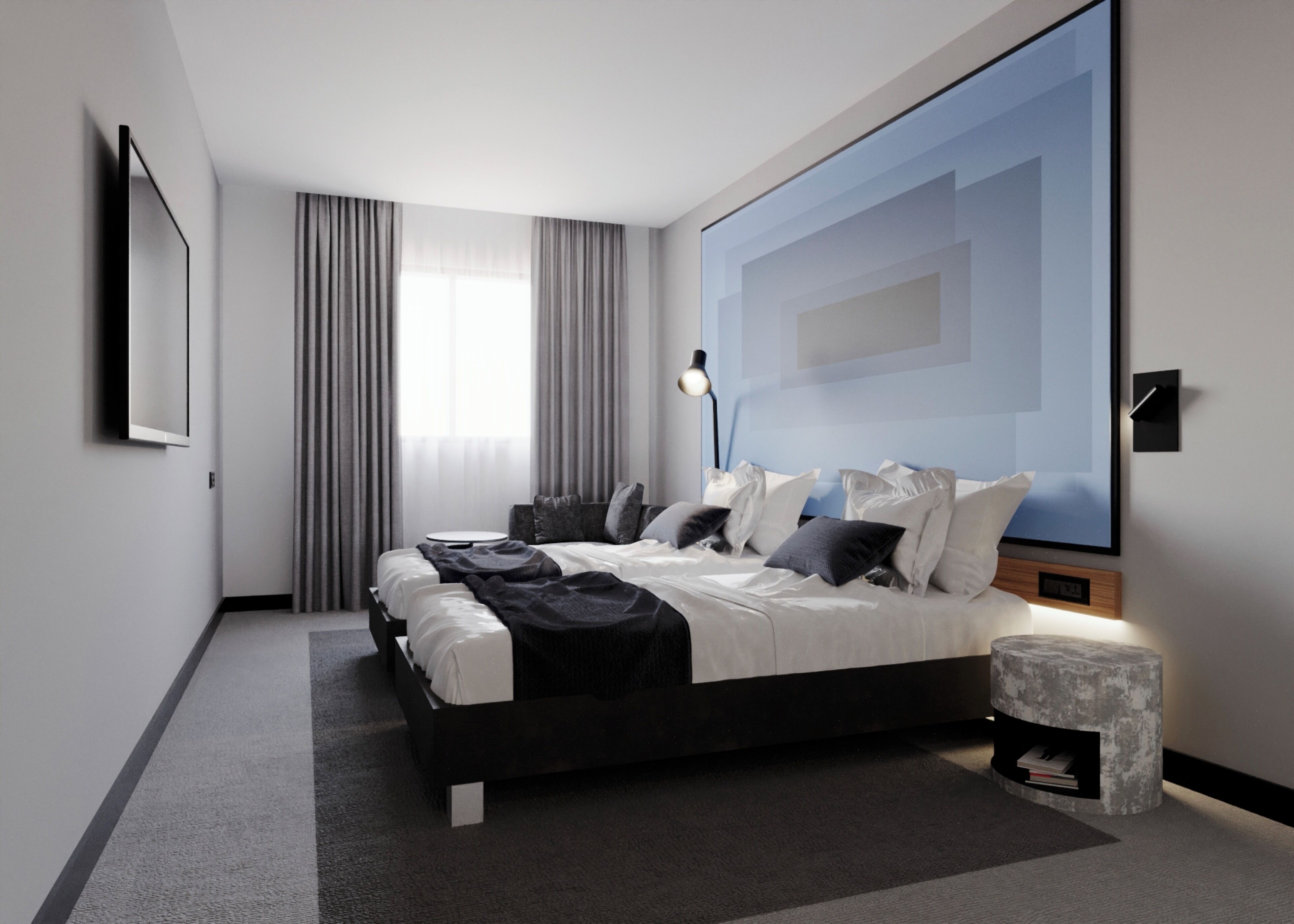 A modern hotel room with a large bed, a bedside table, a small side table, a wall-mounted TV, and a large window with curtains.