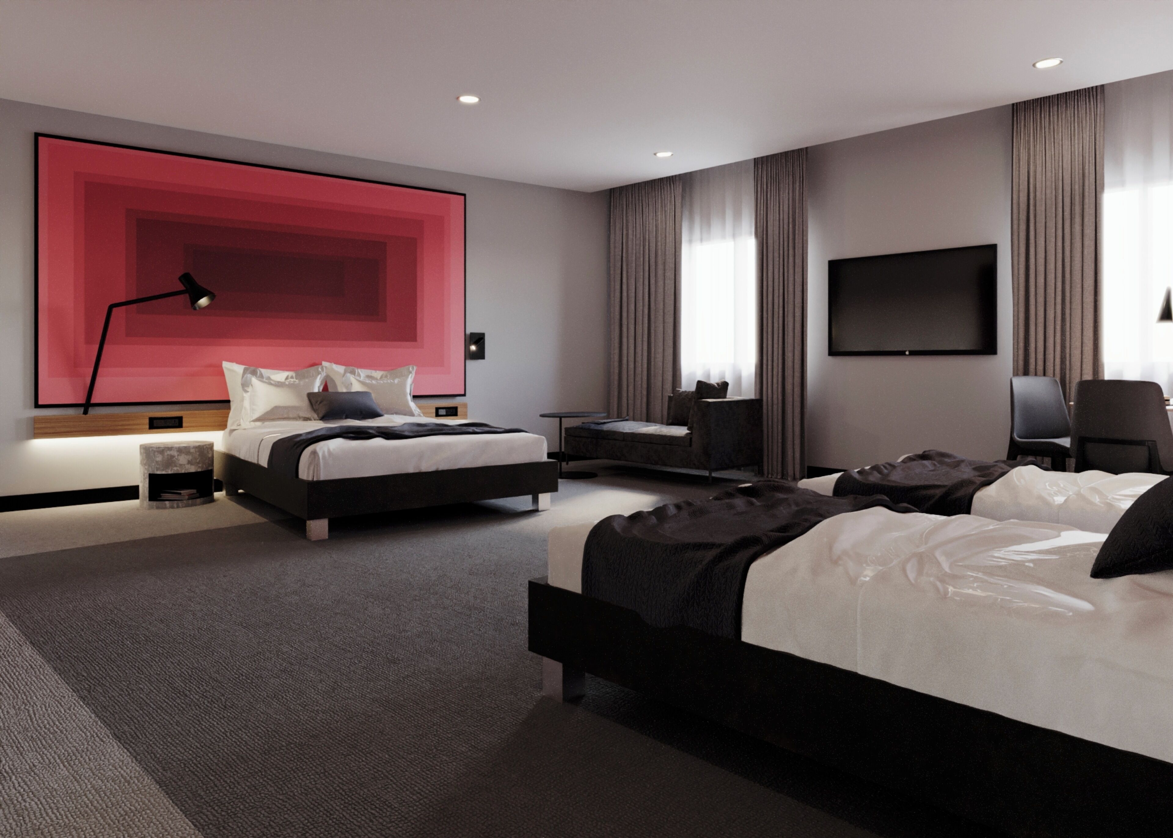 Ein modernes Hotelzimmer mit einem großen Bett, einem Schreibtisch, einem Sessel, einem Fernseher und einem großen abstrakten Gemälde an der Wand.
