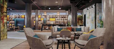 A modern lounge area with sofas, a coffee table, and a bookshelf.
