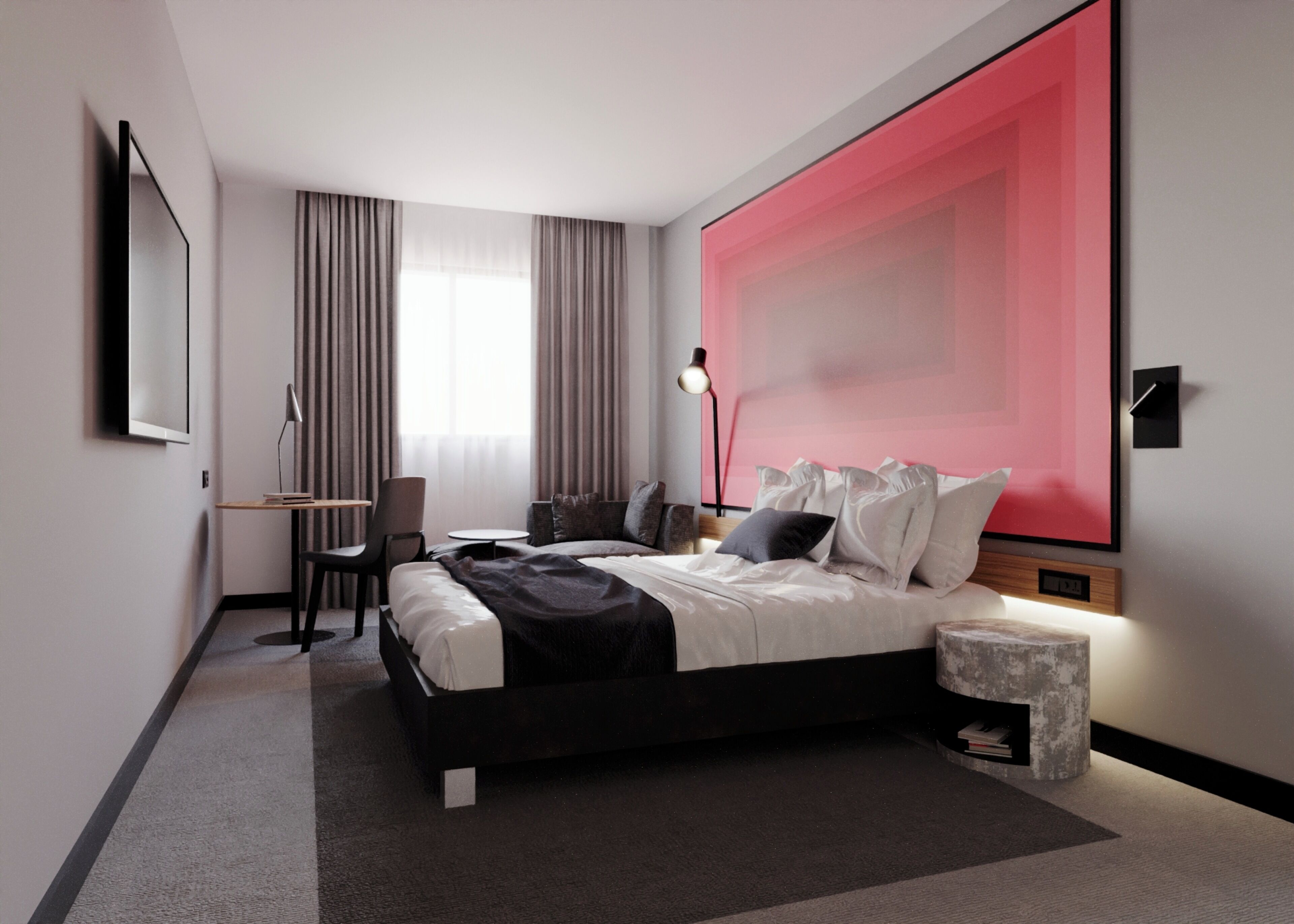 A modern hotel room with a large bed, a desk, a chair, and a TV mounted on the wall.